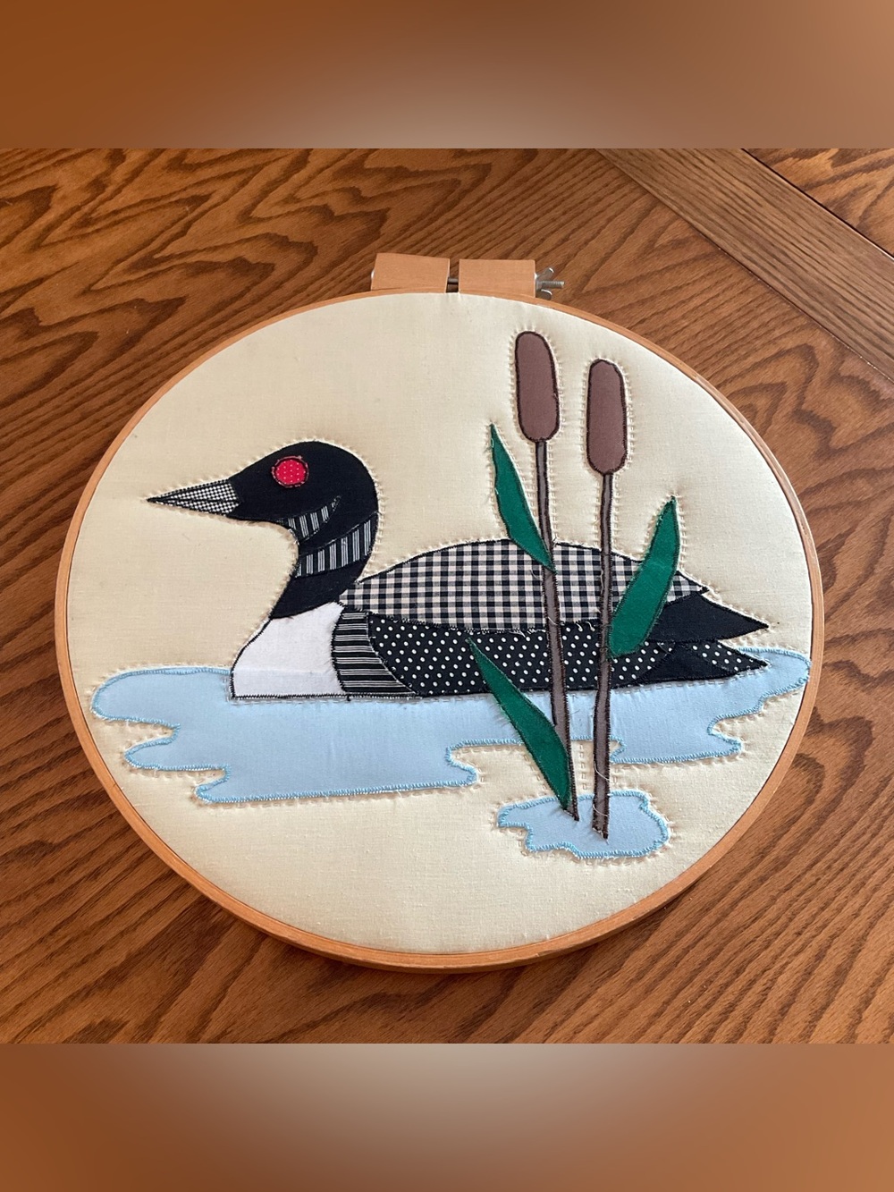 Handcrafted Common Loon & Cattails Fabric Appliqué Hoop Art 14.5” x 15.5”
